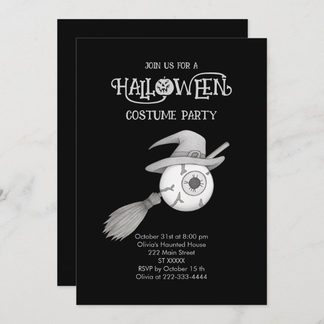 Halloween witch broom and scary eyeball invitation (Front/Back)