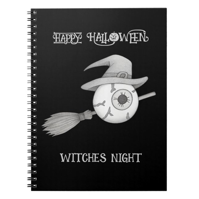 Halloween witch broom and scary eyeball notebook (Front)