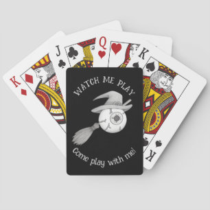 Halloween witch broom and scary eyeball playing cards
