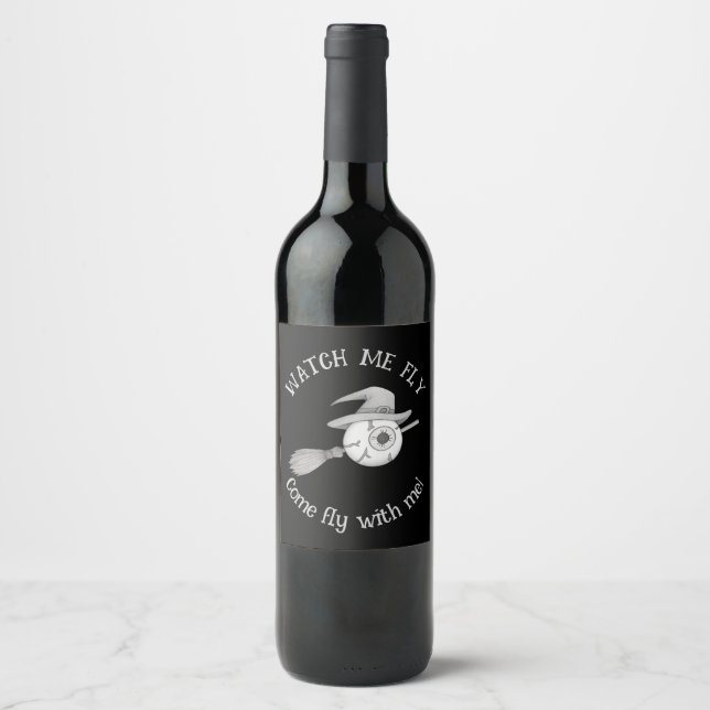 Halloween witch broom and scary eyeball wine label (Front)