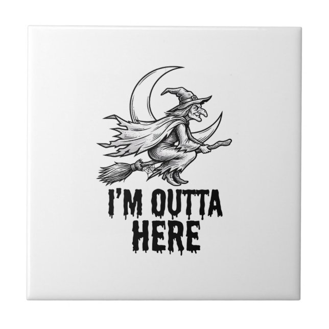 Halloween Witch Broom Funny Vintage Engraving Desi Tile (Front)