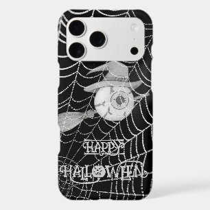 Halloween witch broom, scary eyeball, spider web