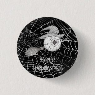 Halloween witch broom, scary eyeball, spider web 3 cm round badge