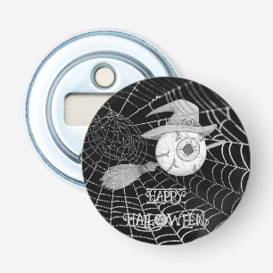 Halloween witch broom, scary eyeball, spider web bottle opener