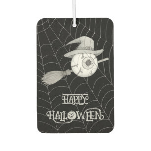 Halloween witch broom, scary eyeball, spider web car air freshener