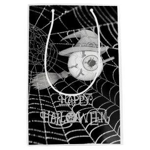 Halloween witch broom, scary eyeball, spider web medium gift bag