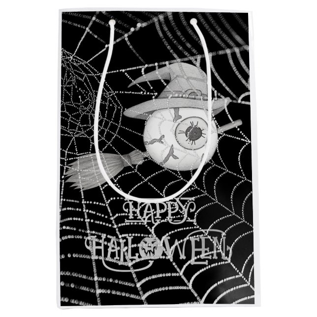 Halloween witch broom, scary eyeball, spider web medium gift bag (Front)