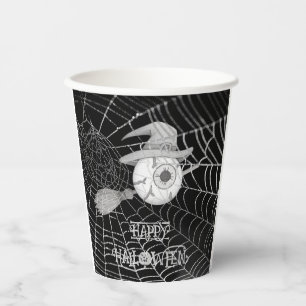 Halloween witch broom, scary eyeball, spider web paper cups