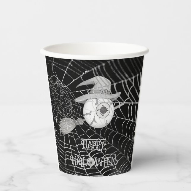 Halloween witch broom, scary eyeball, spider web paper cups (Front)