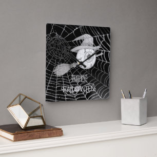 Halloween witch broom, scary eyeball, spider web square wall clock