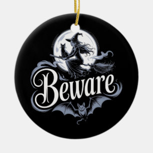 Halloween Witch Broomstick Black Cat Moon Graphic Ceramic Tree Decoration