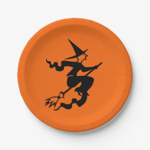 Halloween Witch Broomstick Orange Black 4Ann Paper Plate