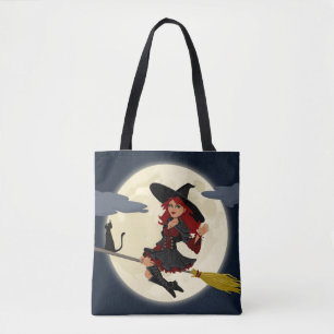 Halloween Witch, Cat and Moon Tote Bag