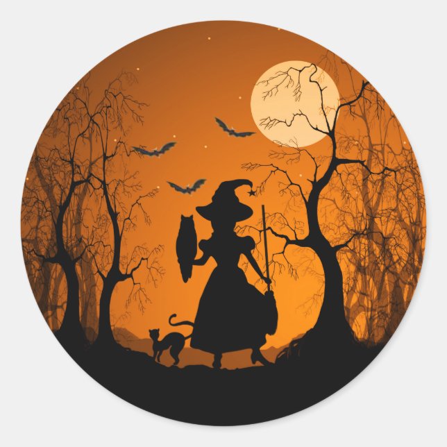 Halloween Witch Cat Bats and Moon Classic Round Sticker (Front)