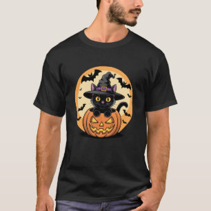 Halloween Witch Cat in Pumpkin. Black Cat Funny T-Shirt