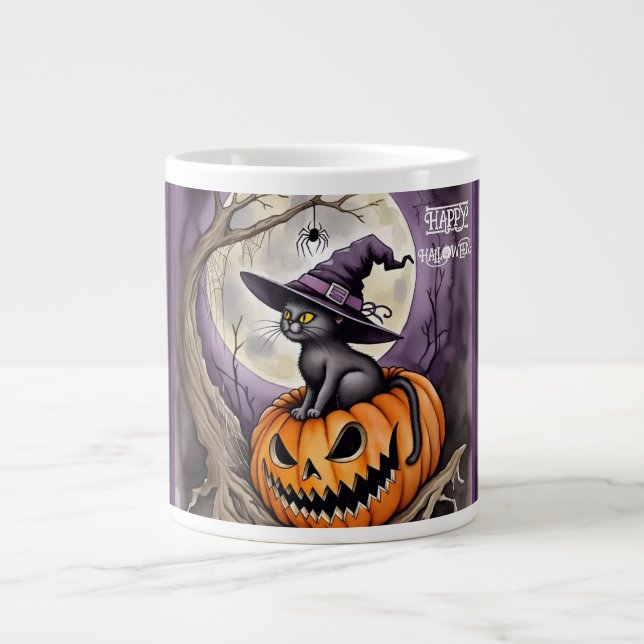 Halloween,Witch Cat On Jack O Lantern  Large Coffee Mug (Front)
