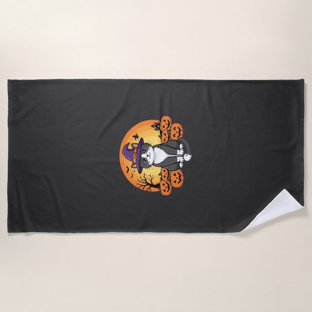 Halloween Witch Cat Pumpkin Moon Design_1 Beach Towel (Front)