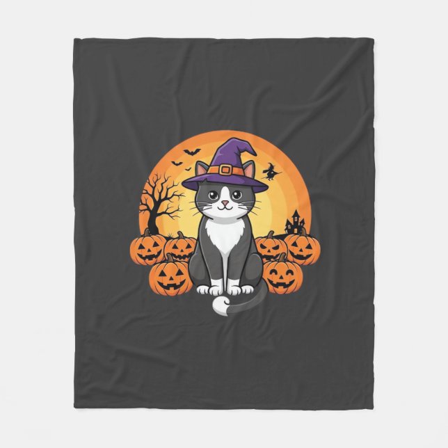 Halloween Witch Cat Pumpkin Moon Design_1 Fleece Blanket (Front)