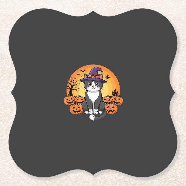Halloween Witch Cat Pumpkin Moon Design_1 Paper Coaster (Front)