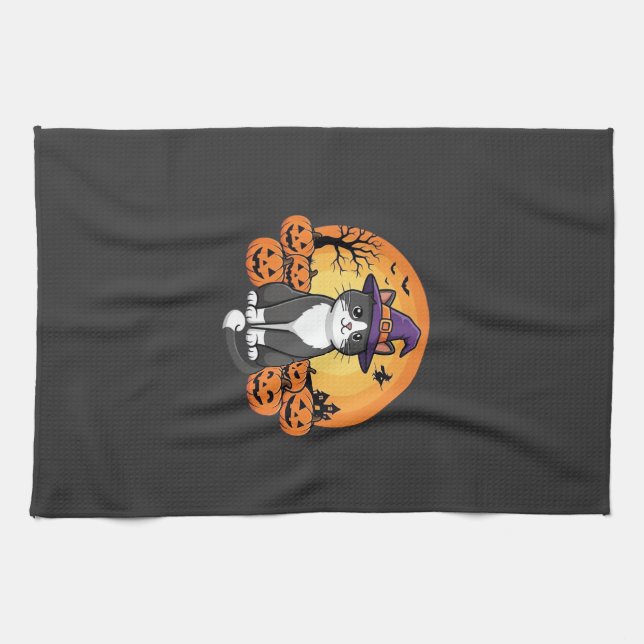 Halloween Witch Cat Pumpkin Moon Design_1 Tea Towel (Horizontal)