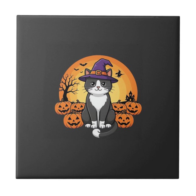 Halloween Witch Cat Pumpkin Moon Design_1 Tile (Front)