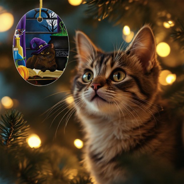 Halloween Witch Cat Purple Magic Ceramic Tree Decoration (Creator Uploaded)