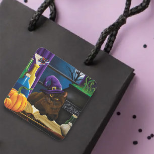 Halloween Witch Cat Purple Magic Square Sticker