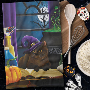 Halloween Witch Cat Purple Magic Tea Towel