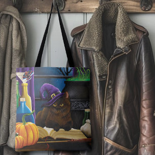Halloween Witch Cat Purple Magic Tote Bag