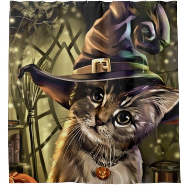 Halloween Witch Cat Shower Curtain (Front)