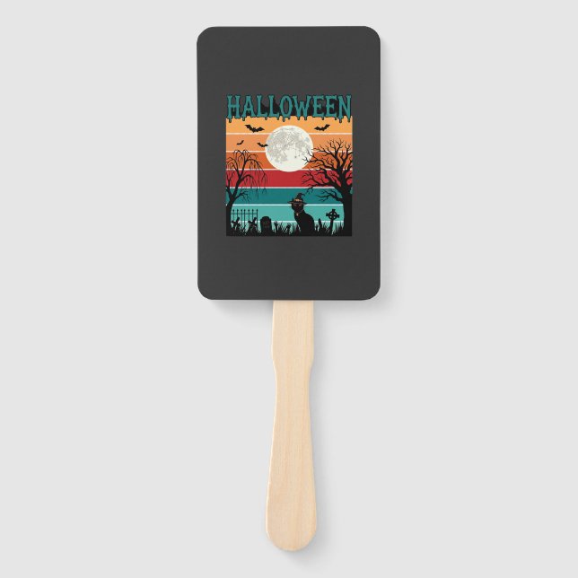 Halloween Witch Cat Spider Web Moon Graveyard_1_1 Hand Fan (Front)