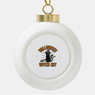 Halloween Witch Cat Vintage Engraving Design_1 Ceramic Ball Christmas Ornament