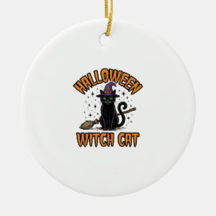 Halloween Witch Cat Vintage Engraving Design_1 Ceramic Tree Decoration