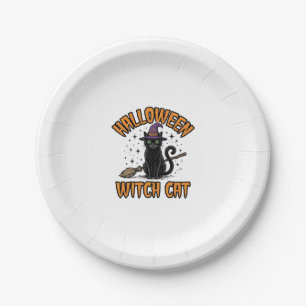 Halloween Witch Cat Vintage Engraving Design_1 Paper Plate