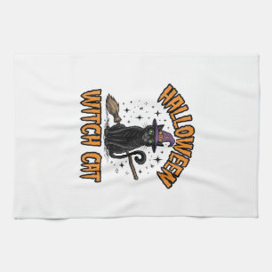 Halloween Witch Cat Vintage Engraving Design_1 Tea Towel