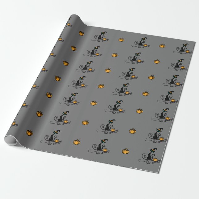 Halloween Witch Cat wrapping paper (Unrolled)