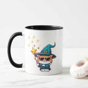 Halloween Witch Cats Holding Magic Wand Stars Mug