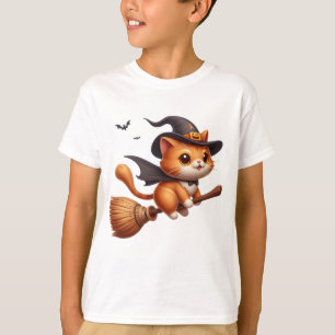 Halloween Witch Cats Riding Broomstick Bats T-Shirt