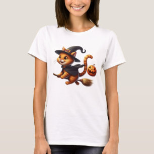 Halloween Witch Cats Riding Broomstick Pumpkin T-Shirt