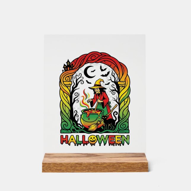 Halloween Witch Cauldron Brewing Black Cat Spooky  Acrylic Sign (Front)