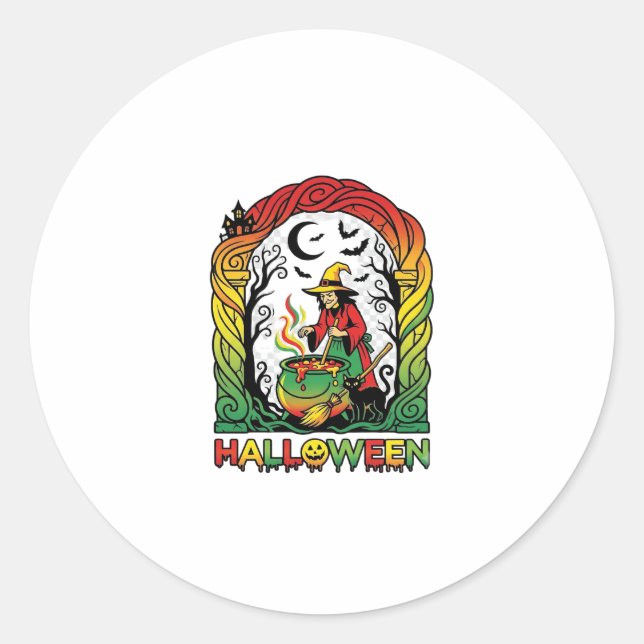 Halloween Witch Cauldron Brewing Black Cat Spooky  Classic Round Sticker (Front)
