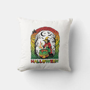 Halloween Witch Cauldron Brewing Black Cat Spooky  Cushion