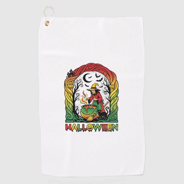 Halloween Witch Cauldron Brewing Black Cat Spooky  Golf Towel (Front)