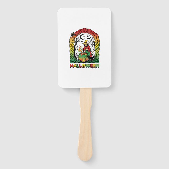 Halloween Witch Cauldron Brewing Black Cat Spooky  Hand Fan (Front)