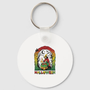 Halloween Witch Cauldron Brewing Black Cat Spooky Key Ring