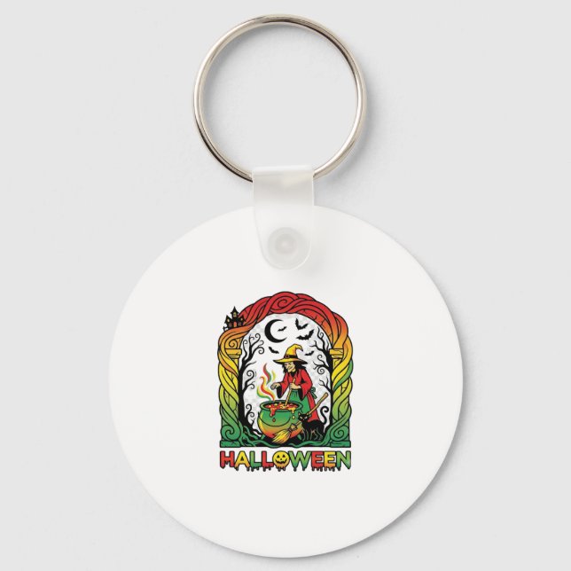 Halloween Witch Cauldron Brewing Black Cat Spooky  Key Ring (Front)