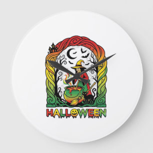 Halloween Witch Cauldron Brewing Black Cat Spooky Large Clock