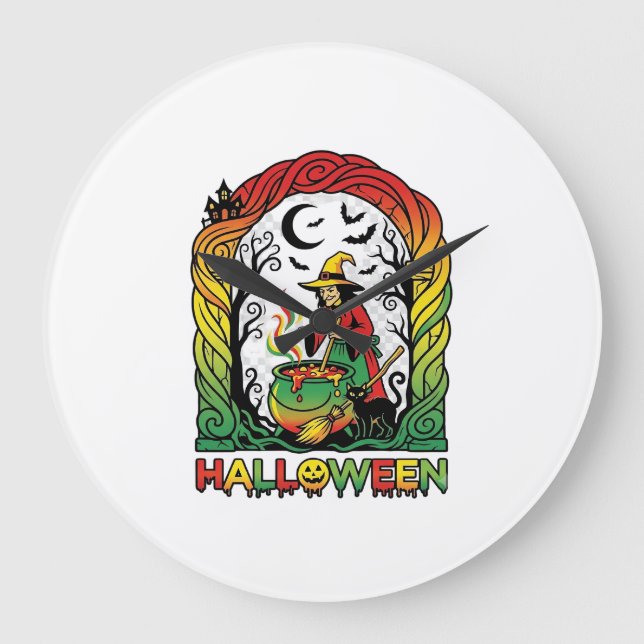 Halloween Witch Cauldron Brewing Black Cat Spooky  Large Clock (Front)