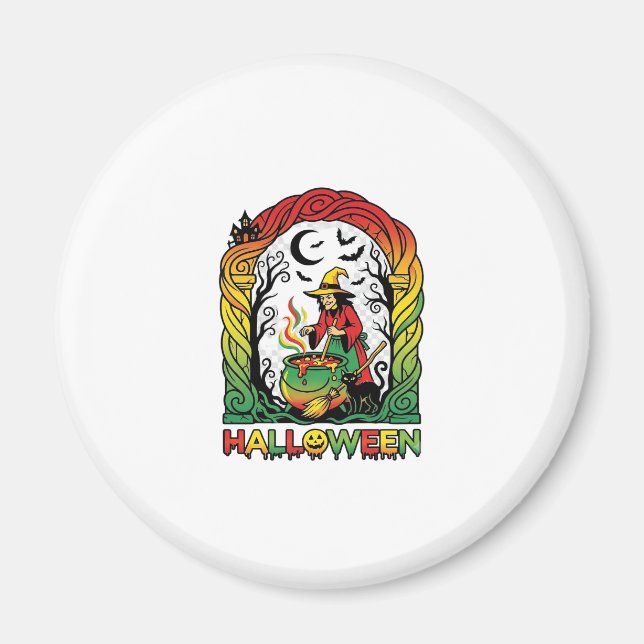 Halloween Witch Cauldron Brewing Black Cat Spooky  Magnet (Front)