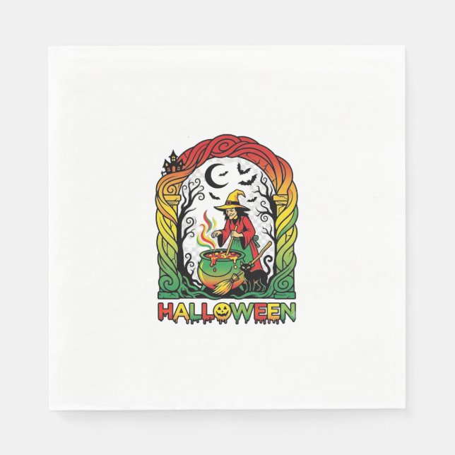 Halloween Witch Cauldron Brewing Black Cat Spooky  Napkin (Front)